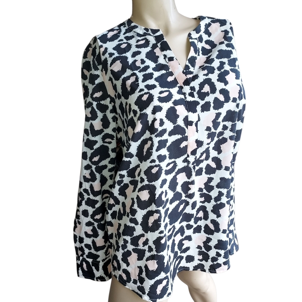 Talbots Women Ivory Long Sleeve Blouse Size L PINK AND black Animal Print Button - Picture 5 of 15
